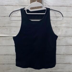 Vuori Women's Black Ribbed Crop Racerback Tank Top with built in shelf bra